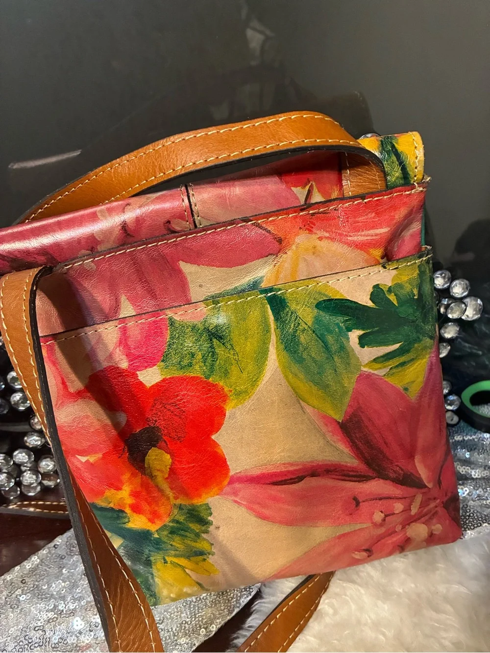 Leather Floral Crossbody Bag in Multicolor
